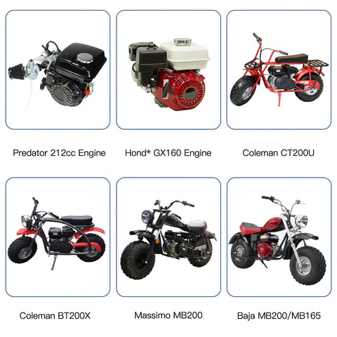 Predator 212cc engine, Honda GX160 engine, and compatible mini motorcycles including Coleman CT200U, BT200X, Massimo MB200, Baja MB200/MB165