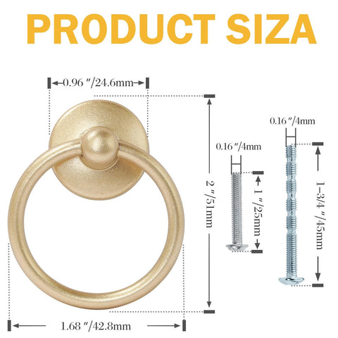 Champagne Gold Drop Ring Drawer Pull with screws, showing dimensions for the 12pc set for cabinets and dressers, vintage metal handles