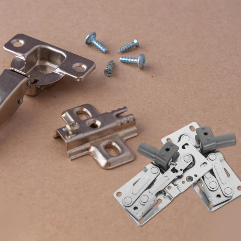 Soft Close Tip Out Hinges For Cabinet Doors Two Pack 45 Degree Downward Opening Iron Hinges and screws on brown surface
