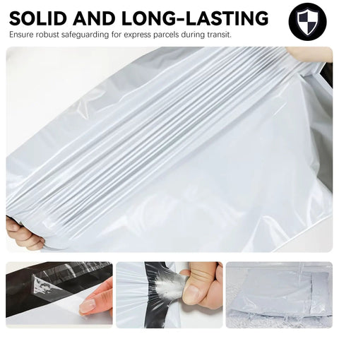 14.5 By 19 Inch White Poly Mailers Pack Of 5 for shipping documents, books, magazines, durable tear-resistant bags shown.