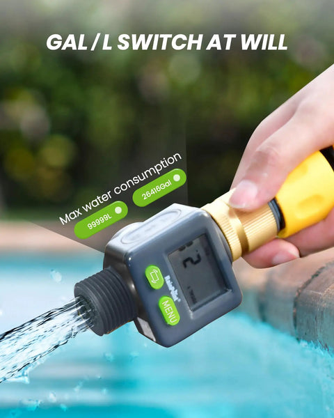 Real Time Water Flow Meter With Brass Inlet For Garden Hose And RV Use, 180 Degree Screen Flip measures water flow on hose