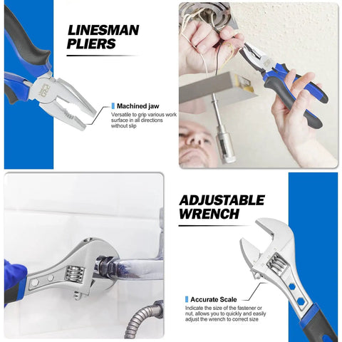 Close-up of 229-Piece Hand Tool Set in use, including linesman pliers and adjustable wrench for versatile home DIY tasks.