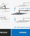 Comparison of two shower head extension arms highlighting the Adjustability of 13 Inch Shower Head Extension Arm With Heavy Duty Solid Brass Build and Brushed Nickel Finish for Height and Angle Control Rainfall Upgrade All Metal Construction Easy Install No Fuss.