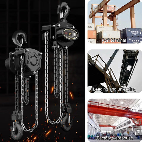 Hand Chain Hoist Heavy Duty Crane Double Pawl Brake with chains, designed for loads 1 Ton to 3 Ton, ideal for auto shop or warehouse use.