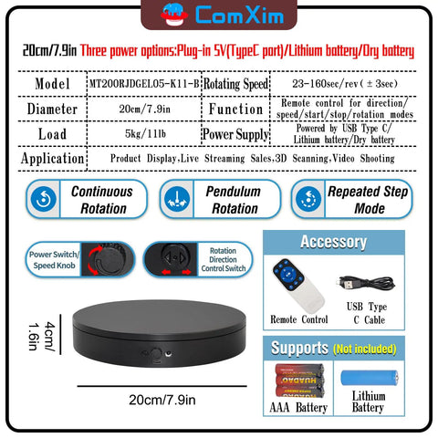 Specifications chart for Turntable Display Stand With Remote Control, 7.87 Inch 360 Degree Electric Lazy Susan, including features and accessories.