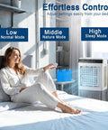 Woman using remote control for Portable Air Cooler With Integrated Water Reservoir And Three Fan Speeds, 12 Hour Timer Evaporative AC Unit.