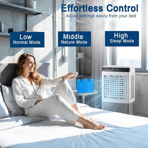 Woman using remote control for Portable Air Cooler With Integrated Water Reservoir And Three Fan Speeds, 12 Hour Timer Evaporative AC Unit.