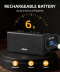 Portable Mini Guitar Amplifier With Clean And Distortion Channels 5W Rechargeable Bluetooth Practice Amp For Electric Bass Small Yet Loud With Dope Tones For Daily Jams, showing rechargeable battery feature with 6 hours playtime.