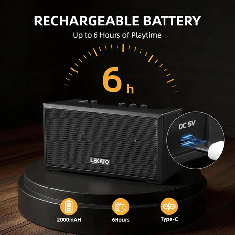 Portable Mini Guitar Amplifier With Clean And Distortion Channels 5W Rechargeable Bluetooth Practice Amp For Electric Bass Small Yet Loud With Dope Tones For Daily Jams, showing rechargeable battery feature with 6 hours playtime.