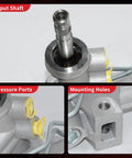 Detailed view of Hydraulic Power Steering Rack And Pinion Assembly For Chrysler Town And Country Voyager Caravan And Grand Caravan 2001 2004 New Unit Leak Resistant Direct Fit Ref 22 348, showing input shaft, pressure ports, and mounting holes.