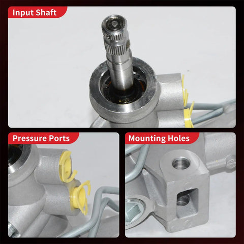 Detailed view of Hydraulic Power Steering Rack And Pinion Assembly For Chrysler Town And Country Voyager Caravan And Grand Caravan 2001 2004 New Unit Leak Resistant Direct Fit Ref 22 348, showing input shaft, pressure ports, and mounting holes.