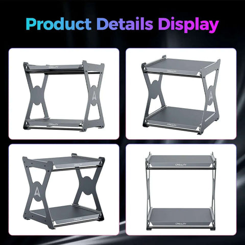 Space Saving Dual Layer 3D Printing Workstand with pull out shelves and metal damping slides, shown from various angles.