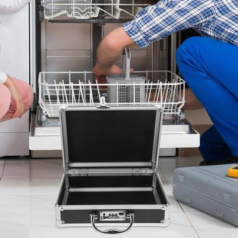 Heavy Duty Aluminum Toolbox With Secure Snap Latch And Rugged Carry Handle For Smart Hardware Organizing and Quick Load Out Outdoor Jobs Or Weekend Garage Grind on kitchen floor with opened lid.