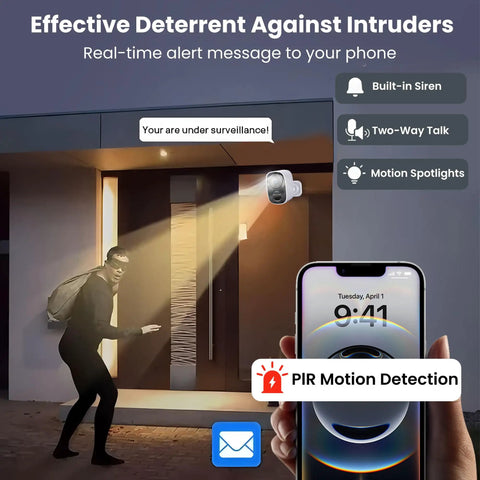 2K Ultra HD Outdoor Wireless Security Camera spotlight deterring intruder with AI motion detection, 2-way talk, and siren