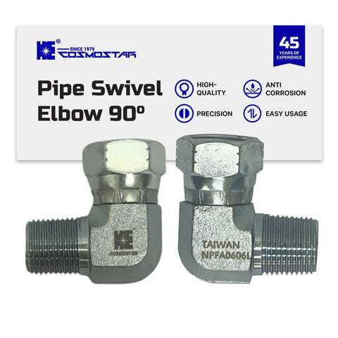 3/8 Inch NPTF Male X 3/8 Inch NPSM Pipe Swivel Elbow 90 Degree Hydraulic Adapter For Hoses And Valves Carbon Steel With Zinc Plating Heavy Duty And Rust Resistant, side view
