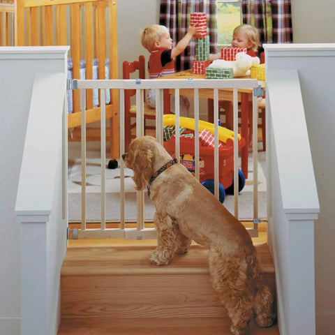 Adjustable Wooden Baby Gate For Stairs From 28 To 42 Inches Wide And 30 Inches Tall, Kid playing with toys beyond gate