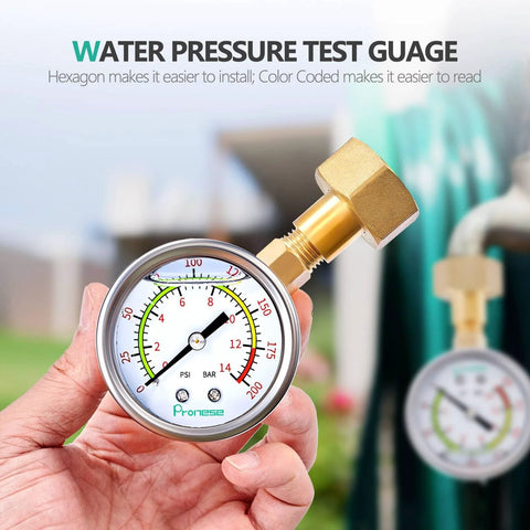 Pronese stainless steel water pressure test gauge pair with 2 inch dial and color coded scale, hand held