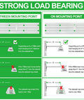 Diagram showing load capacity and installation tips for Heavy Duty PVC Slat Wall Panels 4x2 Ft Garage Organizer System Interlocking Slatwall Sheets For Workshop Tool Storage Wall Mounted Shelving Easy Install With 8 Sq Ft Coverage Edge Seals And Mounting Hardware.