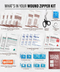 Front view: EVERLIT Wound Zipper Kit with 4 Tri-Zip and 2 Single-Zip devices, scissors, tape, gloves, gauze, dressings