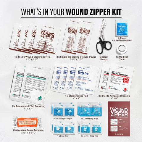 Front view: EVERLIT Wound Zipper Kit with 4 Tri-Zip and 2 Single-Zip devices, scissors, tape, gloves, gauze, dressings