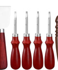 Leather Craft Tool Set Six Piece With Four Edge Bevelers In 0.8mm, 1.0mm, 1.2mm, 1.5mm, Plus Cutting Knife, Skiving Knife, And Sandalwood Burnisher displayed front