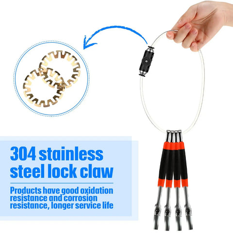 Hand holding a 304 stainless steel lock claw with corrosion-resistant parts and black-red handles for secure grip.