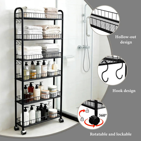 Space Saving 6 Inch Slim Rolling Storage Cart With Wheels, 6 Tier Narrow Space Metal Wire Shelving Unit For Kitchen, Bathroom, Office, Laundry, featuring black metal wire construction, filled with towels and toiletries, positioned next to shower.