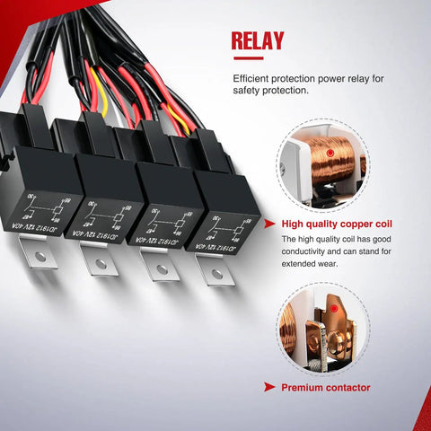 Close-up of 12V LED Light Bar Wiring Harness Kit with relays, copper coil, and contacts, for cars, boats, and trucks.