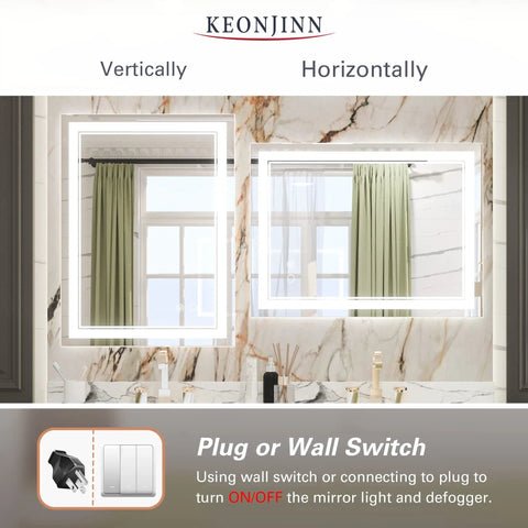 24 By 32 Inch LED Bathroom Mirror With Dimmable 6000K Front Lit Anti Fog Tempered Glass shown vertically and horizontally