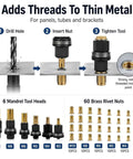 Heavy Duty Carbon Steel Rivet Nut Tool Set With M3 To M10 Metric Mandrels And Assorted Rivnuts Fits Drill For Fast And Reliable Metal Projects On Panels Brackets. Diagram showing M3 to M10 mandrels and brass rivnuts for thin metal panels