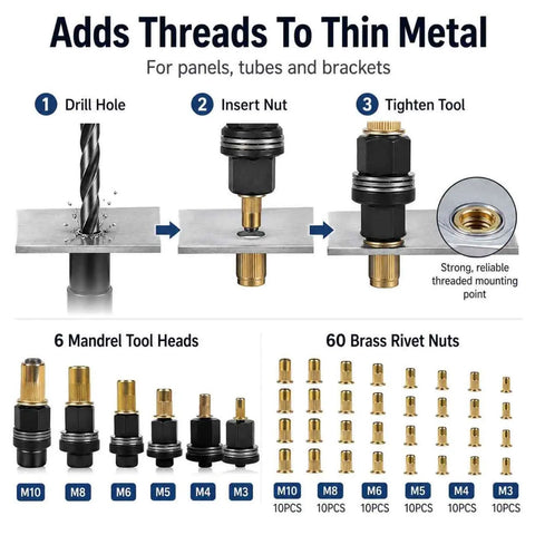 Heavy Duty Carbon Steel Rivet Nut Tool Set With M3 To M10 Metric Mandrels And Assorted Rivnuts Fits Drill For Fast And Reliable Metal Projects On Panels Brackets. Diagram showing M3 to M10 mandrels and brass rivnuts for thin metal panels