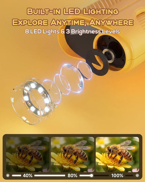 Super Cool 1000X Digital Microscope For Kids Handheld With 4K Display And 2MP Camera Portable Pocket Microscope STEM Educational Toy For Boys And Girls Ages 3 6 12 Yellow, yellow handheld microscope with 8 LED lighting and 3 brightness levels