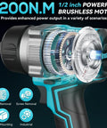 Half Inch Cordless Impact Wrench With 900 Ft Lbs Torque, 1200 Nm Brushless Motor, 2300 RPM, LED Light, Two 4Ah Batteries, Four Sockets, Variable Speed Power Tool For Car Lug Nut Removal And Tire Jobs, brushless motor cutaway
