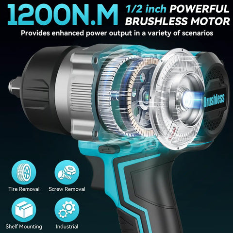 Half Inch Cordless Impact Wrench With 900 Ft Lbs Torque, 1200 Nm Brushless Motor, 2300 RPM, LED Light, Two 4Ah Batteries, Four Sockets, Variable Speed Power Tool For Car Lug Nut Removal And Tire Jobs, brushless motor cutaway