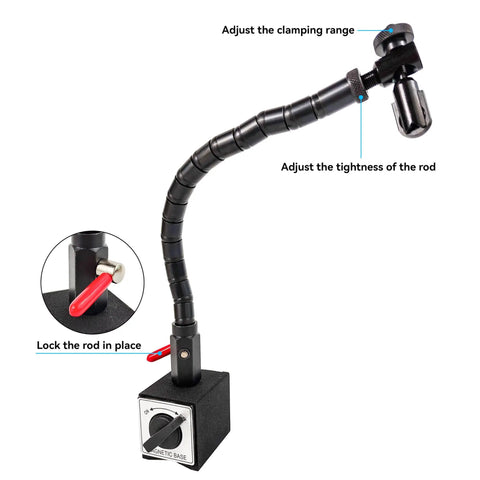 Front view of Indicator Holder With Magnetic Base Stand Aluminum Strut And Steel Flexible Arm For Dial And Test Indicators Pro Grade Heavy Duty 176 Lbs Max Load Tool Accessory.