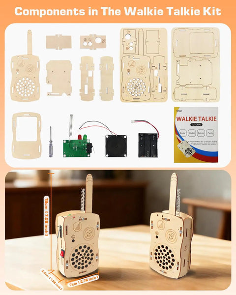 DIY Walkie Talkie Kit For Kids Age 8-14 assembled wooden parts and 18cm walkie talkies with battery, speaker, and antenna