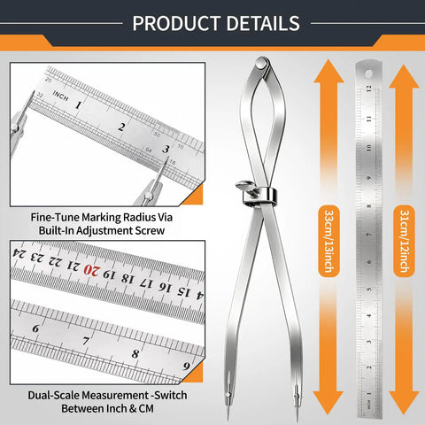 Dead Center Precision 12 Inch Radius Divider Tool And Layout Compass with dual-scale ruler for accurate measurements.