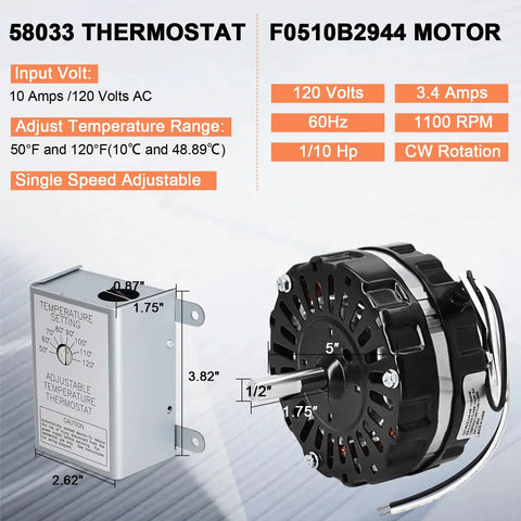 Attic Easy Swap Fan Motor Replacement With 120V Adjustable Thermostat Switch; includes F0510B2944 motor and thermostat.