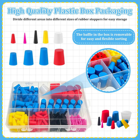 250 Piece Silicone Tapered Plug Kit With 9 Sizes For Heat Resistant Masking Up To 600 Degrees F Perfect For Powder Coating Painting Electroplating And Anodizing Jobs Without Leaking Or Failure On A Dime. clear storage box with assorted silicone tapered plugs
