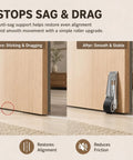 Before and after image showing Heavy Duty Vertical Track Roller Wheel Built To Roll Smooth On Any Sliding Door Or Gate Featuring Whisper Quiet Rubber Bearing Casters.