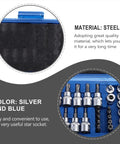 34 Piece External Steel Socket Set With Storage Case showing steel material, silver and blue color, suitable for automotive tools.