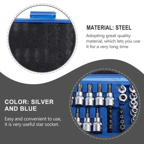 34 Piece External Steel Socket Set With Storage Case showing steel material, silver and blue color, suitable for automotive tools.