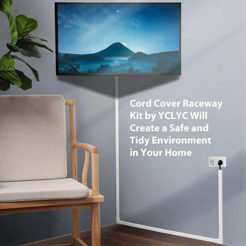 Living room setup with a 157 Inch White Wall Cord Cover Kit For TV Cables, Cable Raceway Hider For Wall Mounted TVs, No Fuss Concealment Of 1 Thick Wire Or 1 Standard Cable Plus Cat5, 0.7 Inch Width By 0.31 Inch Height, Easy Install beneath the television, next to a plant and chair.