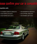 Car driving on road with compatibility list for Hyundai Sonata, Optima, Magentis, Rondo, Forte, Forte5 models 2006-2013.
