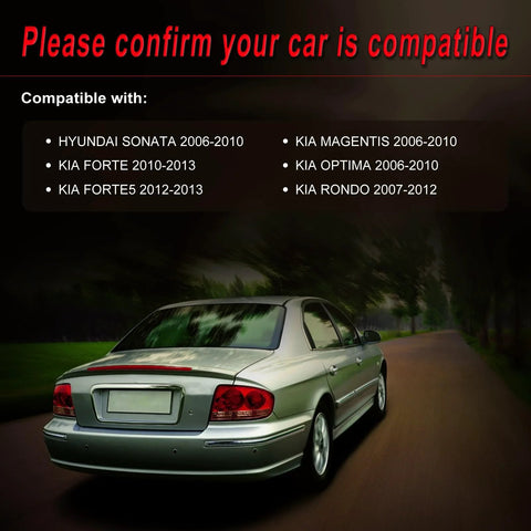 Car driving on road with compatibility list for Hyundai Sonata, Optima, Magentis, Rondo, Forte, Forte5 models 2006-2013.