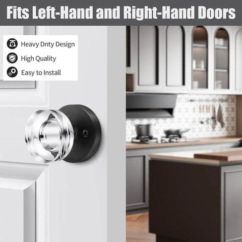 Two Pack Glass Black Dummy Door Knobs With Crystal Clear Interior Trim, installed on a kitchen door, view from side.