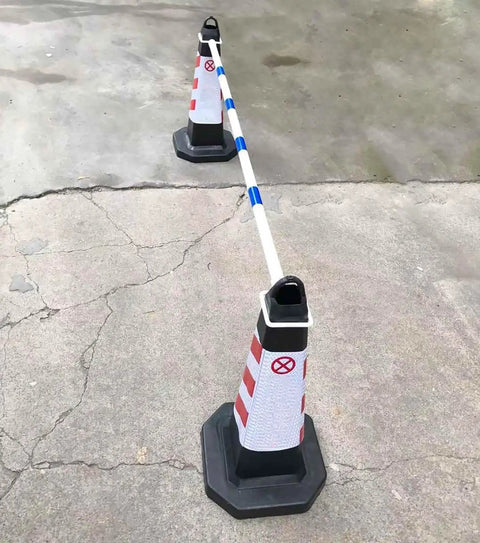 Ten Piece Blue Retractable Traffic Cone Connector Bars Rock Solid PVC Bar Links used with traffic cones on pavement.