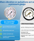 BPSSDI glycerin-filled pressure gauge, 2.5-inch dial, 304 stainless steel case, 1/4 inch NPT lower mount, shown twice.