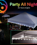 LED Canopy Lights For 10x10 Tents White Outdoor String Light Kit illuminating night event setup with party atmosphere.