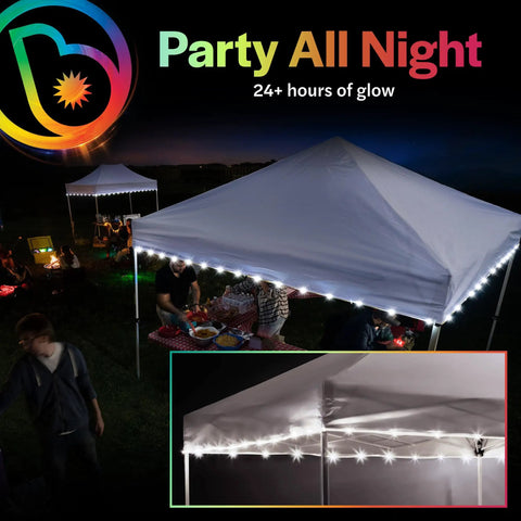 LED Canopy Lights For 10x10 Tents White Outdoor String Light Kit illuminating night event setup with party atmosphere.
